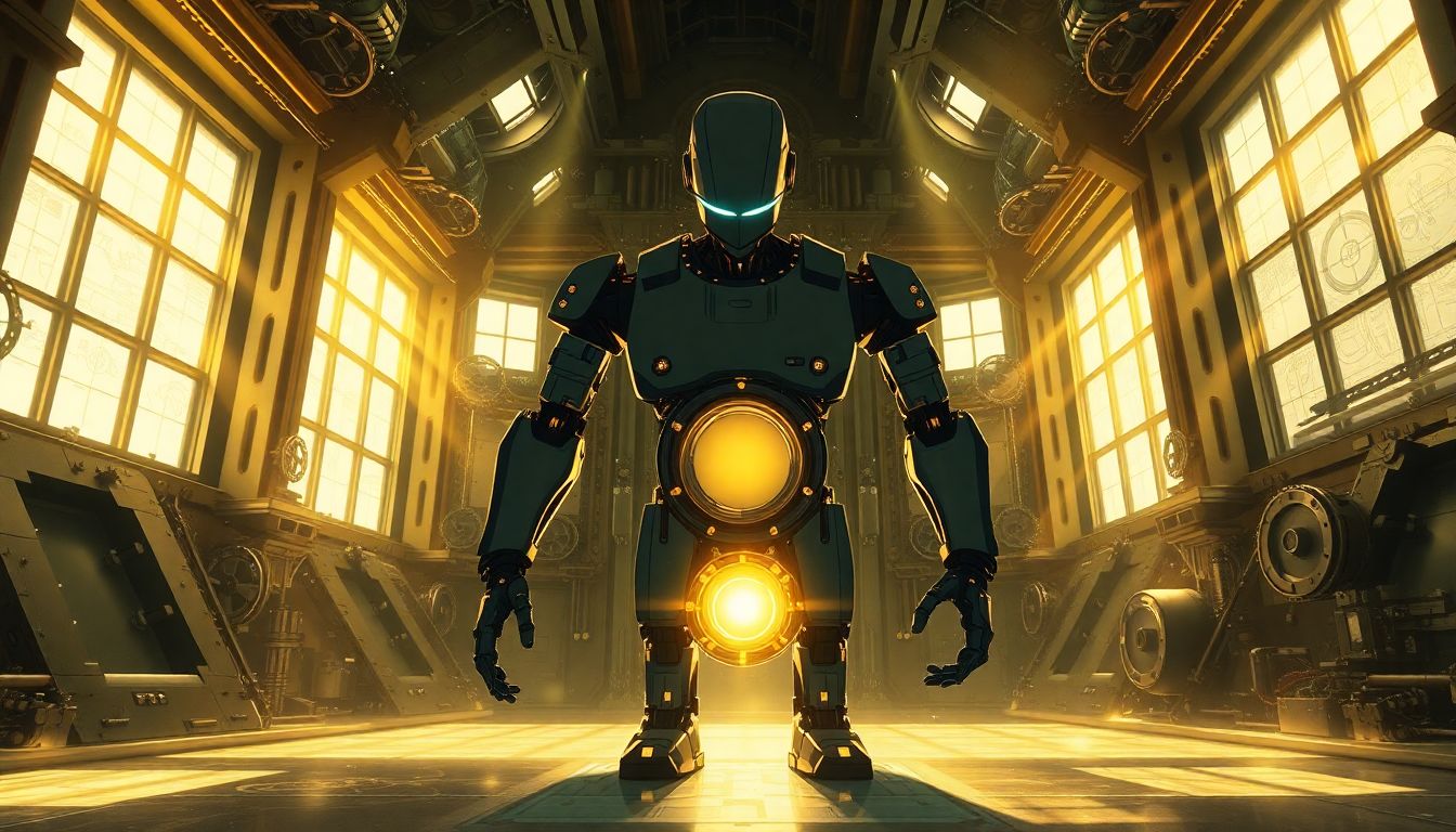 [물리적 인공지능 혁명] 테슬라 옵티머스가 주도하는 휴머노이드 로보틱스 시대의 도래와 산업 현장의 노동 구조 재편을 형상화한 고품질 일러스트