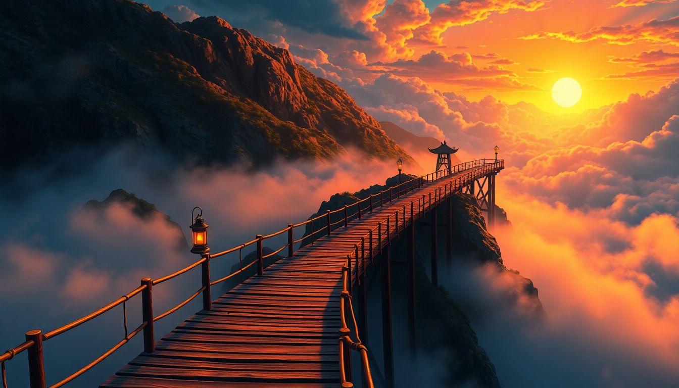 괴리율과 추적오차 : 시장 변동성에 따른 가격 프리미엄과 디스카운트 현상을 상징하는 명암 대비의 계곡 다리 일러스트