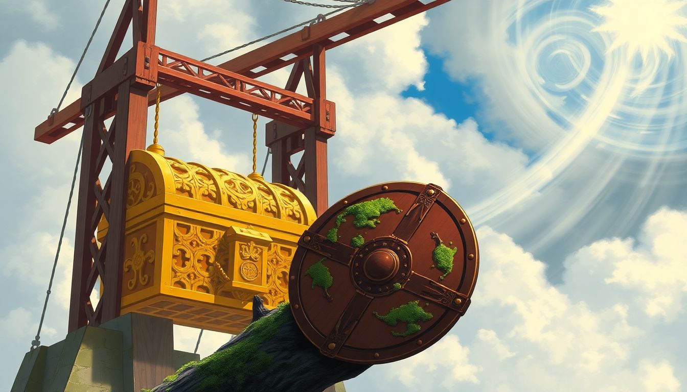 성장 엔진의 격차 : 승자독식의 수익률과 이를 지키는 방패의 변동성을 묘사한 황금 상자와 방패 일러스트