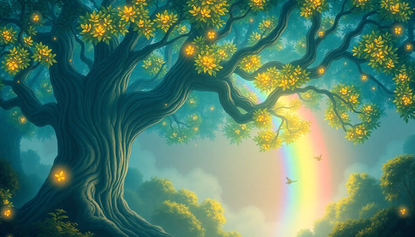 성장 엔진의 격차 : AI 산업의 성장과 복리 효과를 상징하는 거대하게 자라나는 마법 나무 일러스트