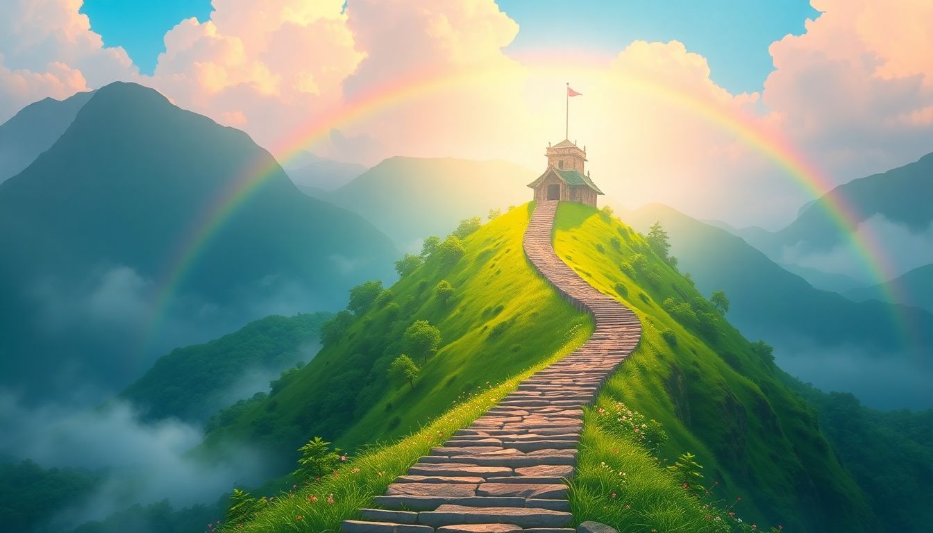 생애주기 자산배분 : 나이대별 리스크 관리를 통해 공격적 성장에서 안정적 수성으로 나아가는 무지개 계단 일러스트