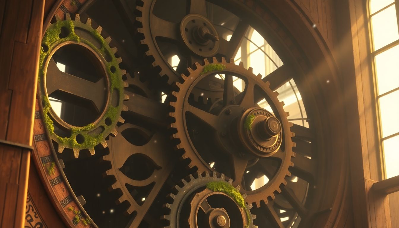 생애주기 자산배분 : 인적 자본의 가치와 ETF 비용 효율성의 마법을 상징하는 고풍스러운 시계탑 톱니바퀴 일러스트