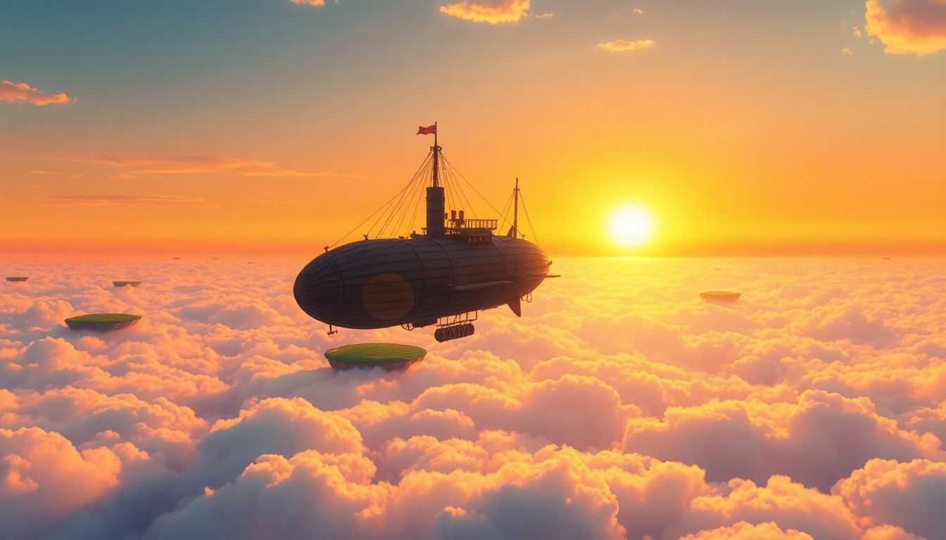 생애주기 자산배분 : 미국 기술주 중심의 시장 팽창과 자산 국적 전환을 상징하는 황금빛 비행선 일러스트