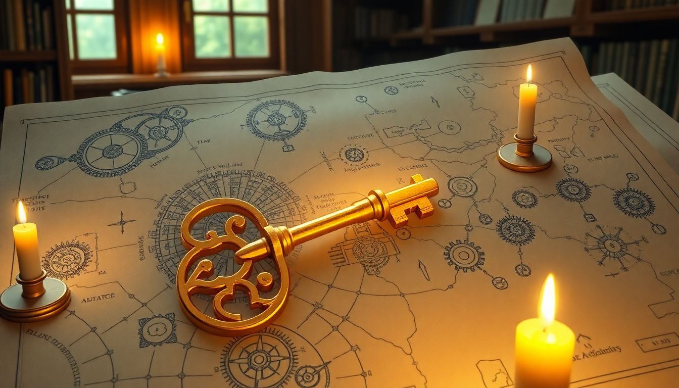 전고체 배터리 패권 경쟁 : 배터리 밸류체인 확장과 투자 적기를 상징하는 황금 열쇠와 설계도 일러스트