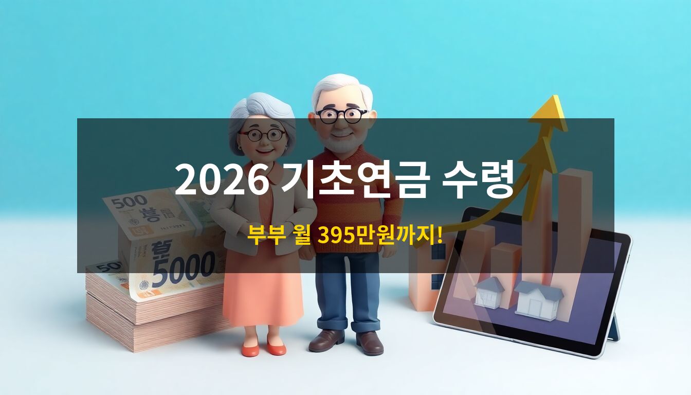 2026 기초연금 수급자격: 미소를 짓고 있는 은퇴 노부부 3D 캐릭터와 한국 오만원권 지폐 뭉치, 집 모양 오브젝트, 상승하는 그래프를 통해 기초연금 수혜 대상 확대와 경제적 지원을 시각화한 고급스러운 3D 아이소메트릭 일러스트