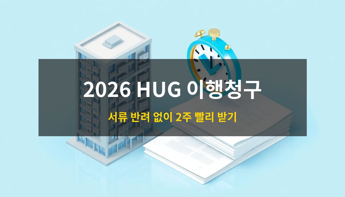 2026 HUG 이행청구: 현대적인 아파트 모형과 정갈하게 놓인 서류 뭉치 위에 신속한 보증금 반환 승인을 상징하는 파란색 체크 표시와 시계 오브젝트가 배치된 고품격 3D 아이소메트릭 일러스트