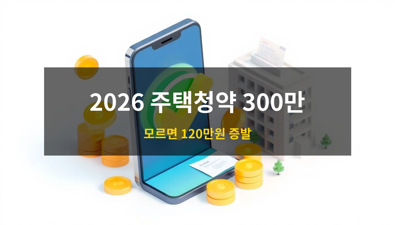 2026 주택청약 소득공제: 스마트폰의 등록 완료 체크 아이콘과 공식 서류, 황금색 동전 오브젝트를 통해 무주택확인서 등록과 세액 환급 과정을 형상화한 고급스러운 3D 아이소메트릭 일러스트