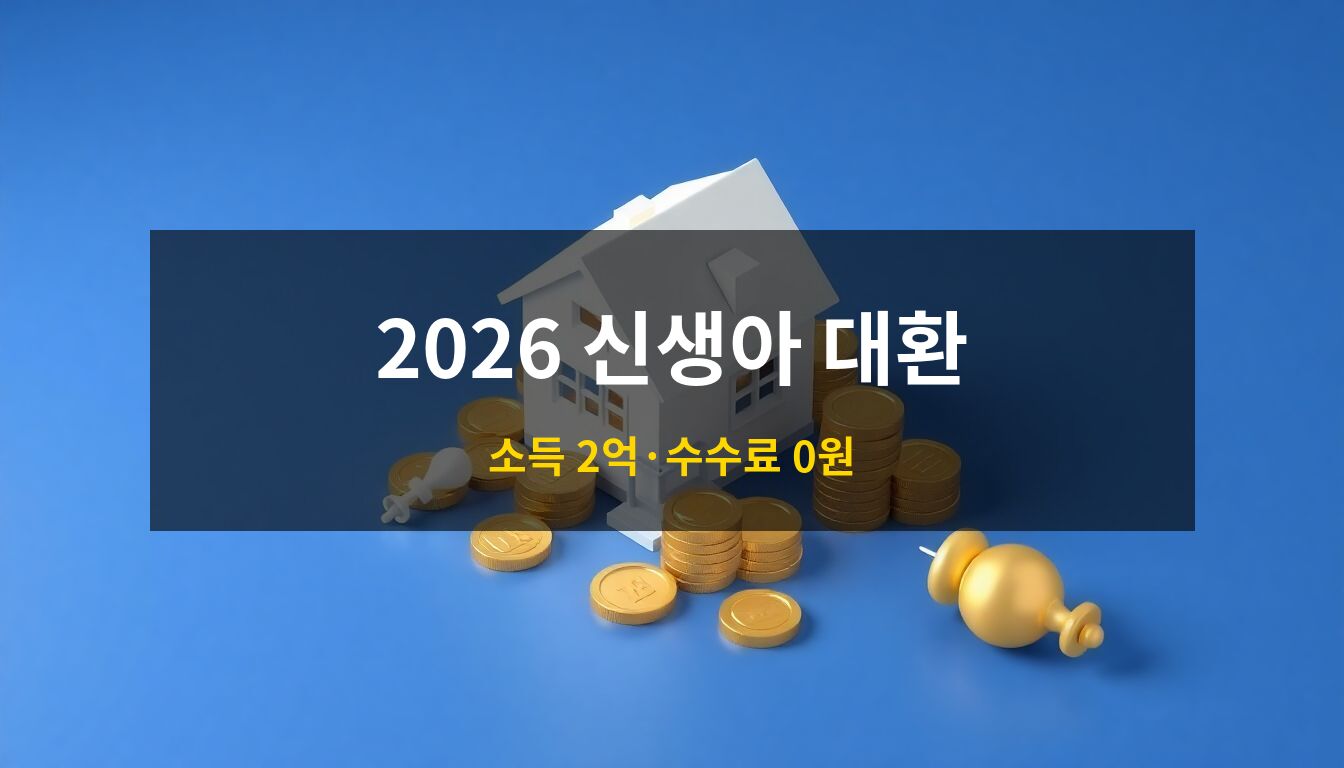 2026 신생아 특례대출 대환: 현대적인 미니멀리즘 주택 모델과 풍성한 황금색 동전 더미, 그리고 아기 딸랑이 오브제를 3D 아이소메트릭으로 구성하여 이자 절감 혜택과 주거 안정을 상징화한 고품질 일러스트