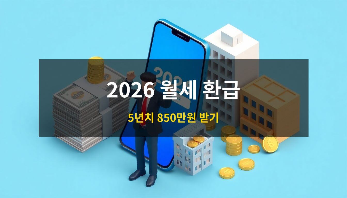 2026 월세 경정청구: 파란색 배경 위에 놓인 스마트폰의 환급 완료 체크 아이콘과 그 주변에 쌓인 지폐 뭉치, 그리고 현대적인 아파트 건물을 3D 아이소메트릭으로 표현한 세무 환급 컨셉 이미지