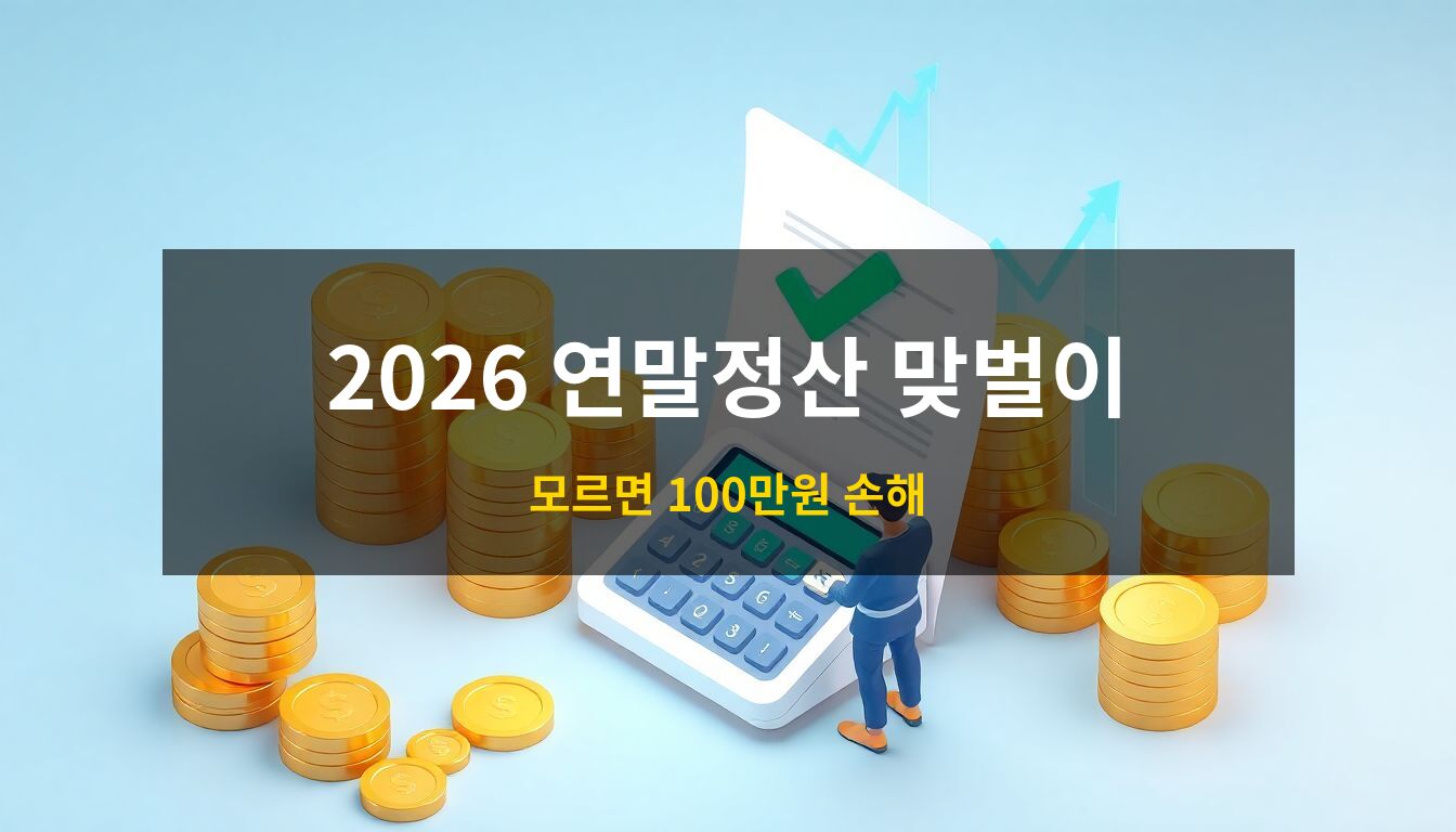 2026 연말정산 맞벌이: 세금 환급을 상징하는 황금색 동전과 상승하는 파란색 그래프, 입체적인 계산기 오브젝트가 조화를 이루는 스마트한 자산 관리 3D 아이소메트릭 일러스트