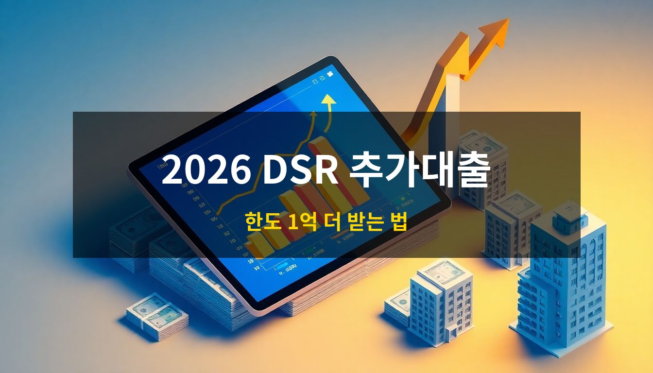 2026 DSR 추가대출: 태블릿 화면의 금융 데이터와 상승하는 화살표, 현대적인 아파트 모형과 지폐 더미가 어우러져 대출 한도 증액과 자산 가치 상승을 상징하는 고급 3D 아이소메트릭 일러스트