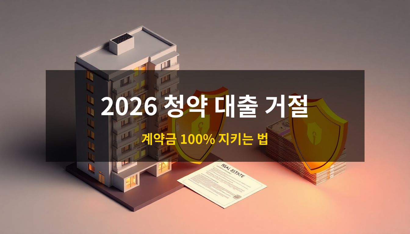 2026 청약 당첨 대출 거절: 세련된 3D 아이소메트릭 아파트 모형과 계약금을 상징하는 화폐 뭉치가 황금색 보호막에 감싸여 있는 모습으로, 대출 부적격 시에도 계약금을 안전하게 보호받는 법을 형상화한 일러스트