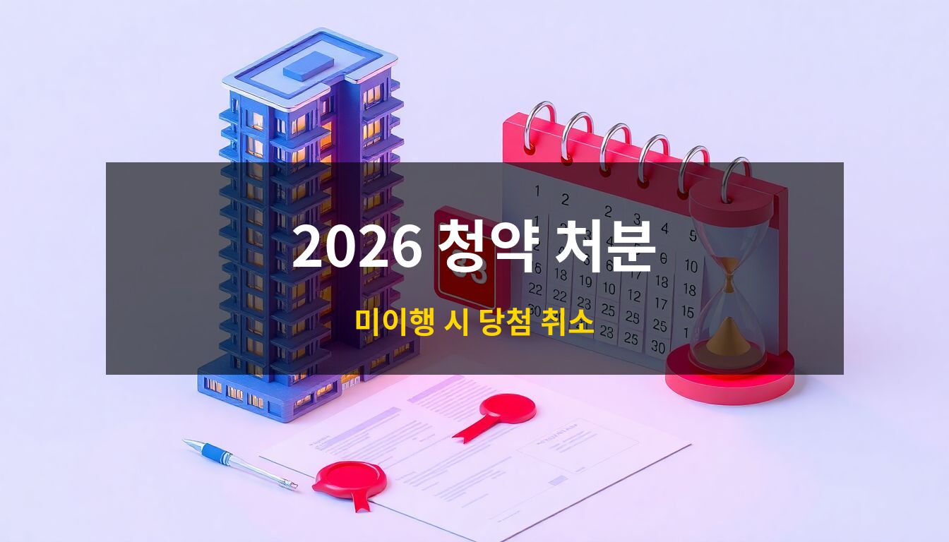 2026 1주택자 청약 처분: 현대적인 고층 아파트와 기한을 상징하는 모래시계, 붉은색 인장이 찍힌 서약서 서류가 어우러진 고급스러운 3D 아이소메트릭 일러스트로 청약 처분 기한의 긴박함을 시각화함.