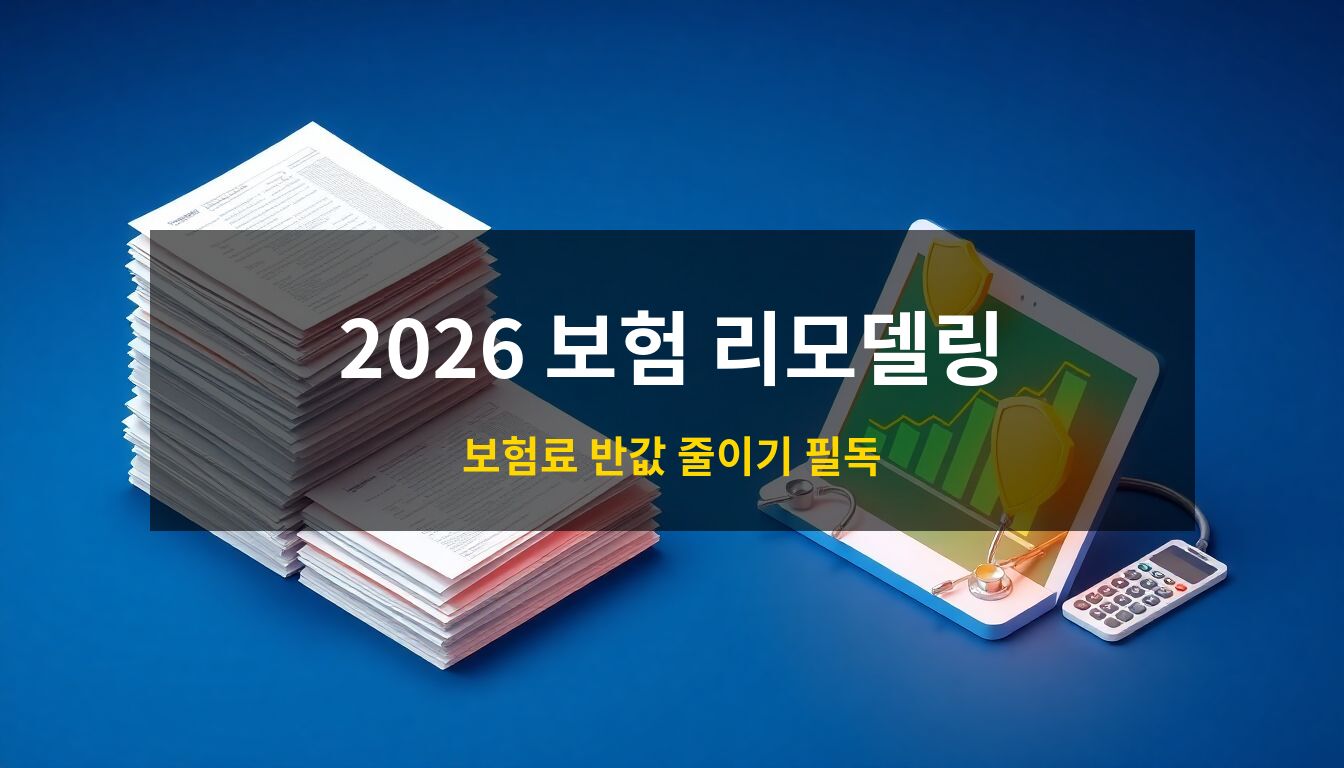 2026 50대 보험 리모델링: 낡고 무거운 보험 서류 뭉치가 세련된 디지털 방패와 상승하는 초록색 그래프로 변모하며 보험 최적화를 상징하는 고품격 3D 아이소메트릭 일러스트