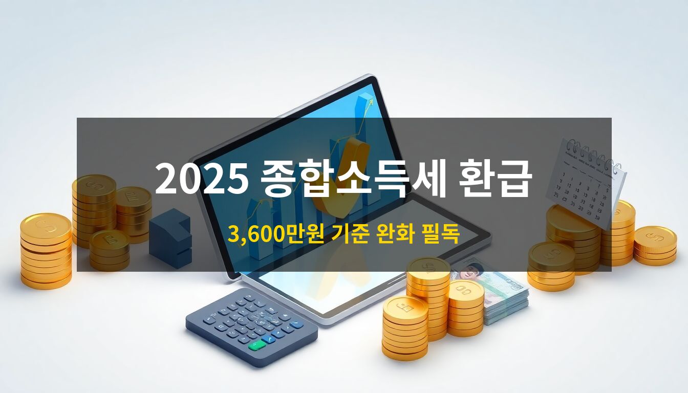 2025 종합소득세 환급: 세금 환급액 증가를 상징하는 상승 그래프 태블릿과 5만원권 지폐, 황금 동전 오브젝트가 배치된 전문적인 느낌의 3D 아이소메트릭 일러스트