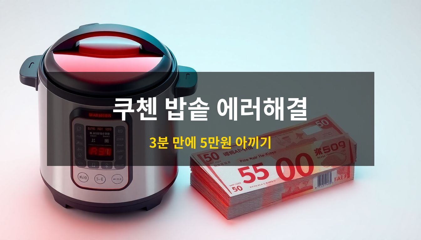 쿠첸 밥솥 에러코드 자가해결: 세련된 디자인의 3D 압력밥솥과 교체용 고무 패킹, 그리고 절약된 수리비를 상징하는 지폐가 어우러진 전문적인 기술 지원 컨셉의 아이소메트릭 이미지