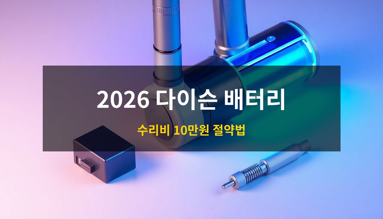 2026 다이슨 청소기 배터리 교체: 파란색 LED가 강조된 세련된 무선 청소기 본체와 교체용 배터리 팩, 정밀 도구가 배치된 고품질 3D 아이소메트릭 일러스트