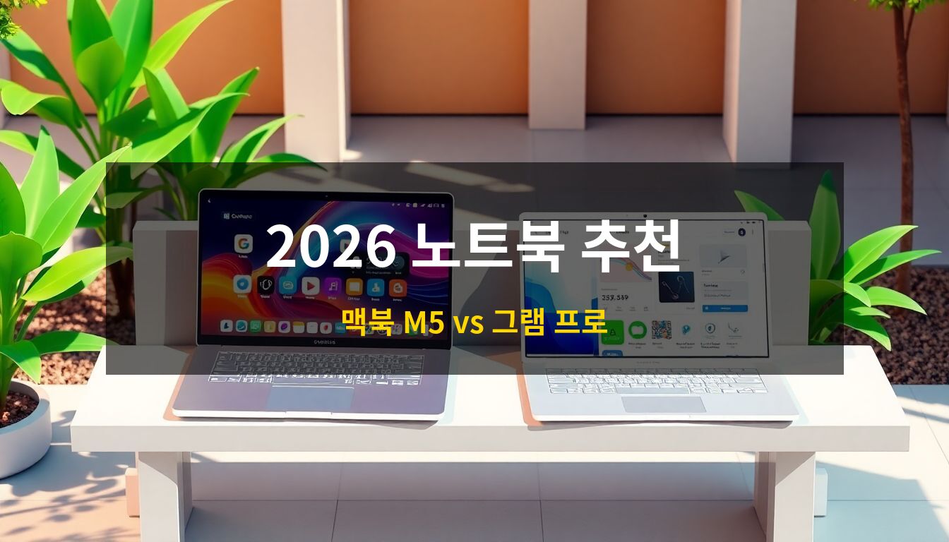 2026대학생노트북추천: 대학 캠퍼스 야외 벤치 위에 놓인 실버 맥북 M5와 화이트 그램 프로 16의 디자인 차이를 보여주는 고해상도 3D 아이소메트릭 일러스트
