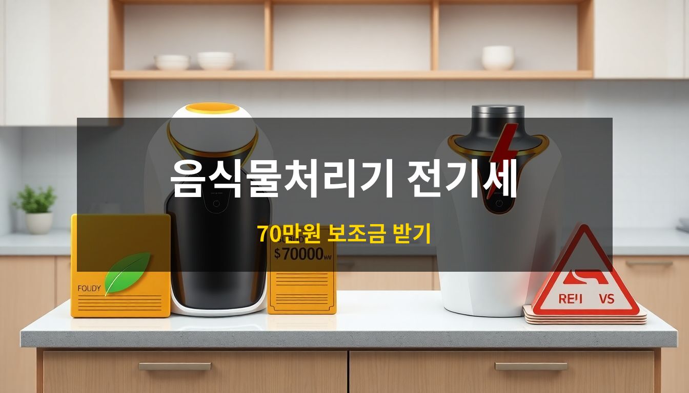 음식물처리기전기세비교: 세련된 주방 인테리어를 배경으로 저전력 모델의 보조금 혜택과 고전력 모델의 전기료 부담을 시각적으로 대조한 고급 3D 아이소메트릭 일러스트