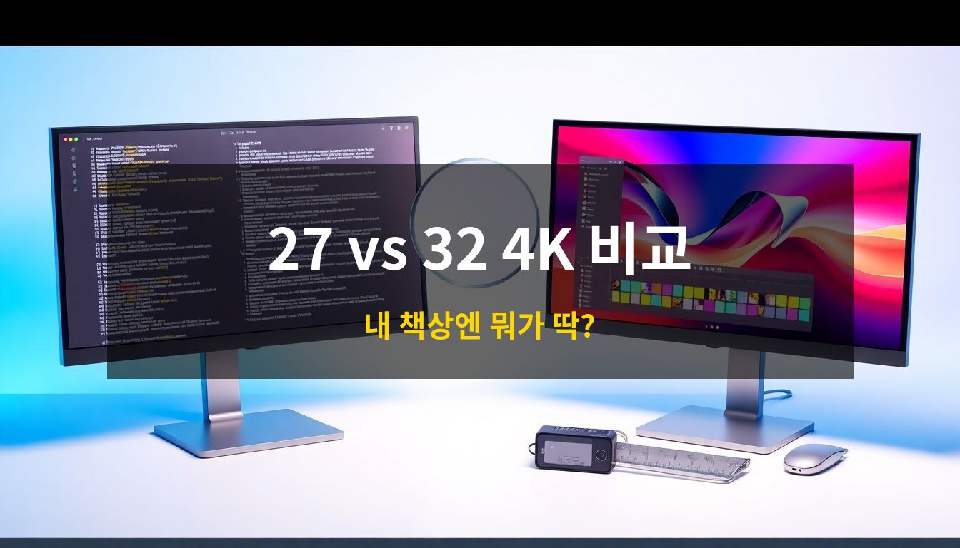 초고화질모니터크기비교: 화이트 데스크 위에 27인치와 32인치 모니터를 나란히 배치하여 크기 차이와 해상도의 정밀함을 시각적으로 대조한 3D 아이소메트릭 일러스트