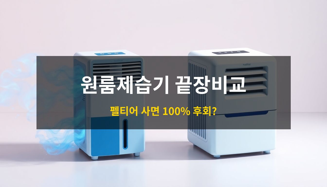 원룸제습기비교: 현대적인 원룸 인테리어를 배경으로 강력한 인버터 제습기와 콤팩트한 펠티어 제습기의 성능 차이를 시각화한 고급스러운 3D 아이소메트릭 일러스트레이션