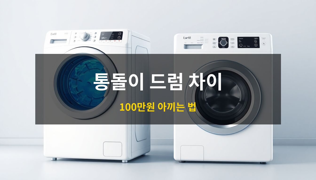 통돌이 드럼 세탁기 차이: 강력한 물살이 보이는 통돌이 세탁기와 세련된 디자인의 드럼 세탁기가 나란히 배치된 2026년형 스마트 가전 비교 컨셉의 3D 일러스트