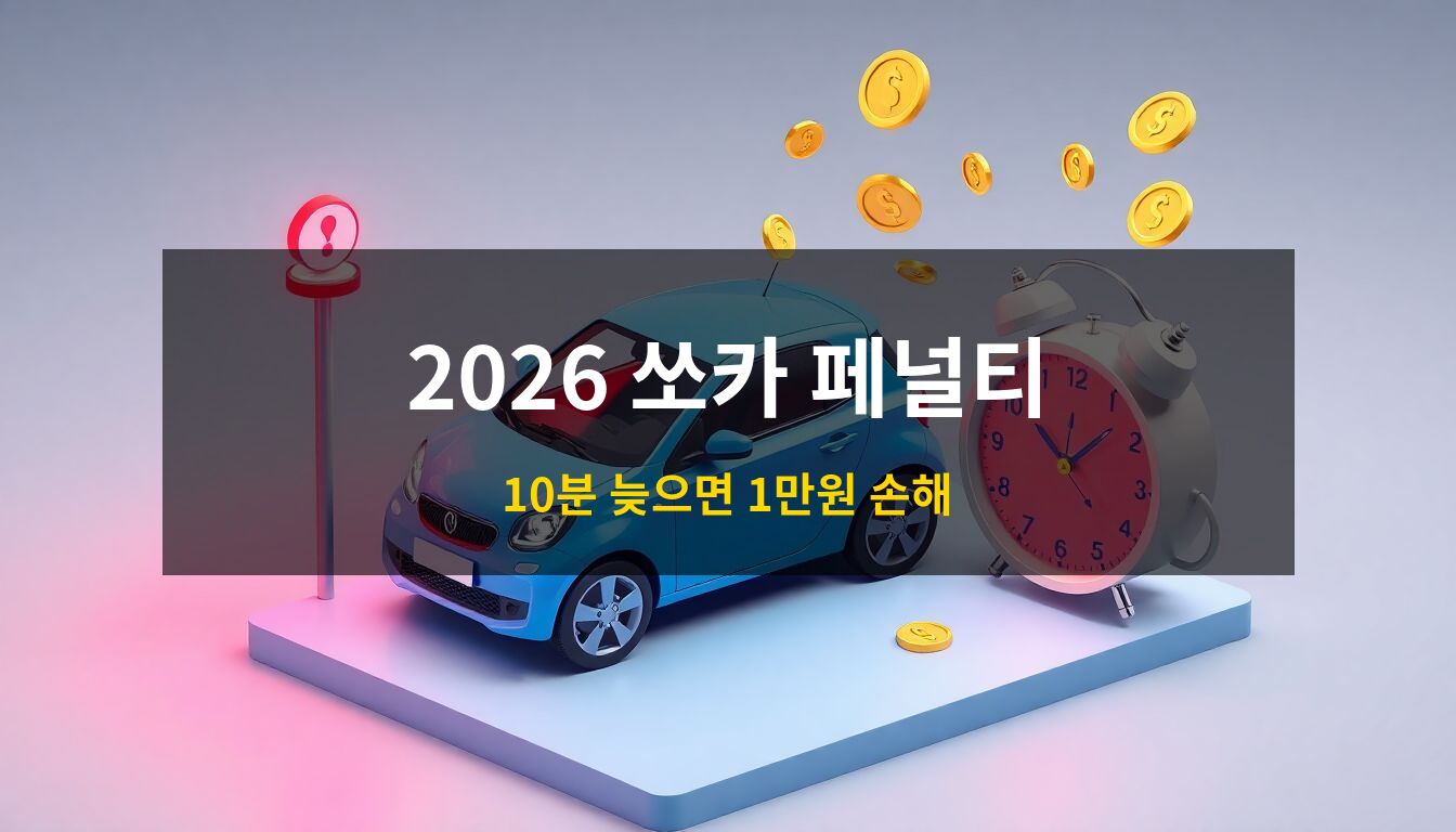 2026 쏘카 반납지연 페널티: 푸른색 공유 차량과 붉은 경고등이 들어온 거대한 시계, 그리고 쏟아지는 동전 오브젝트를 배치하여 반납 지연으로 인한 경제적 손실 상황을 시각화한 고급 3D 아이소메트릭 일러스트