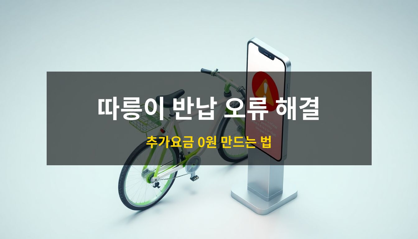 따릉이 반납 오류 해결: 화이트와 그린 컬러의 세련된 공유 자전거가 스마트 거치대에 놓여 있고, 그 옆에 경고 아이콘이 표시된 스마트폰이 떠 있는 미래지향적인 3D 아이소메트릭 일러스트