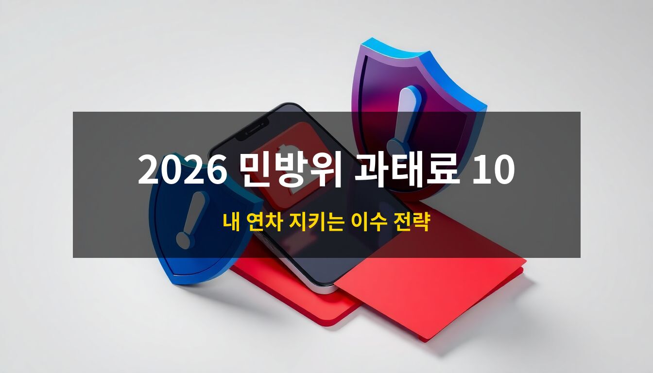 2026 민방위 훈련 과태료: 스마트폰의 전자 통지서 알림과 붉은색 경고 서류, 그리고 이를 방어하는 파란색 방패 오브젝트가 사무실 책상 위에 배치된 고품격 3D 아이소메트릭 일러스트