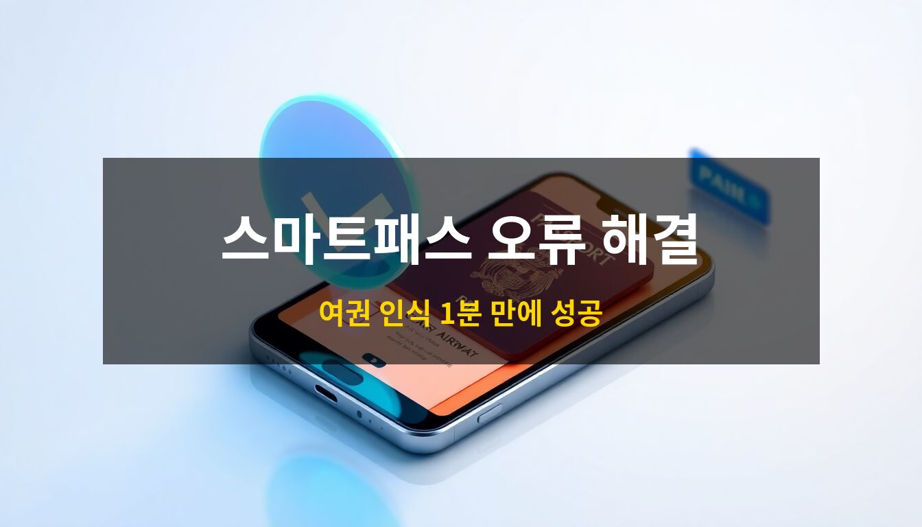 2026스마트패스오류해결: 스마트폰을 여권에 밀착하여 NFC 인식을 성공적으로 수행하는 장면을 묘사한 3D 일러스트로, 공항에서의 원활한 출국 수속과 기술적 해결책을 상징하는 이미지