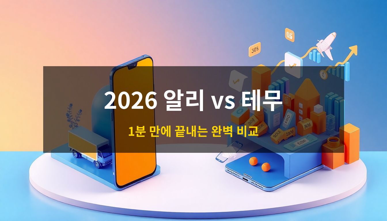2026알리테무비교: 신뢰감을 주는 블루와 에너제틱한 오렌지 톤의 두 스마트폰을 중심으로, 배송 트럭과 가전제품 그리고 생활 잡화와 쿠폰 오브젝트가 대조를 이루며 데이터 차트와 함께 배치된 3D 아이소메트릭 커머스 분석 이미지