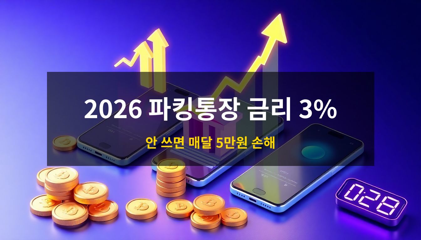 2026 파킹통장 금리비교: 세 대의 스마트폰 위로 입체적인 금리 차트와 우상향 화살표, 황금색 동전이 배치된 자산 성장을 상징하는 고품질 3D 아이소메트릭 일러스트