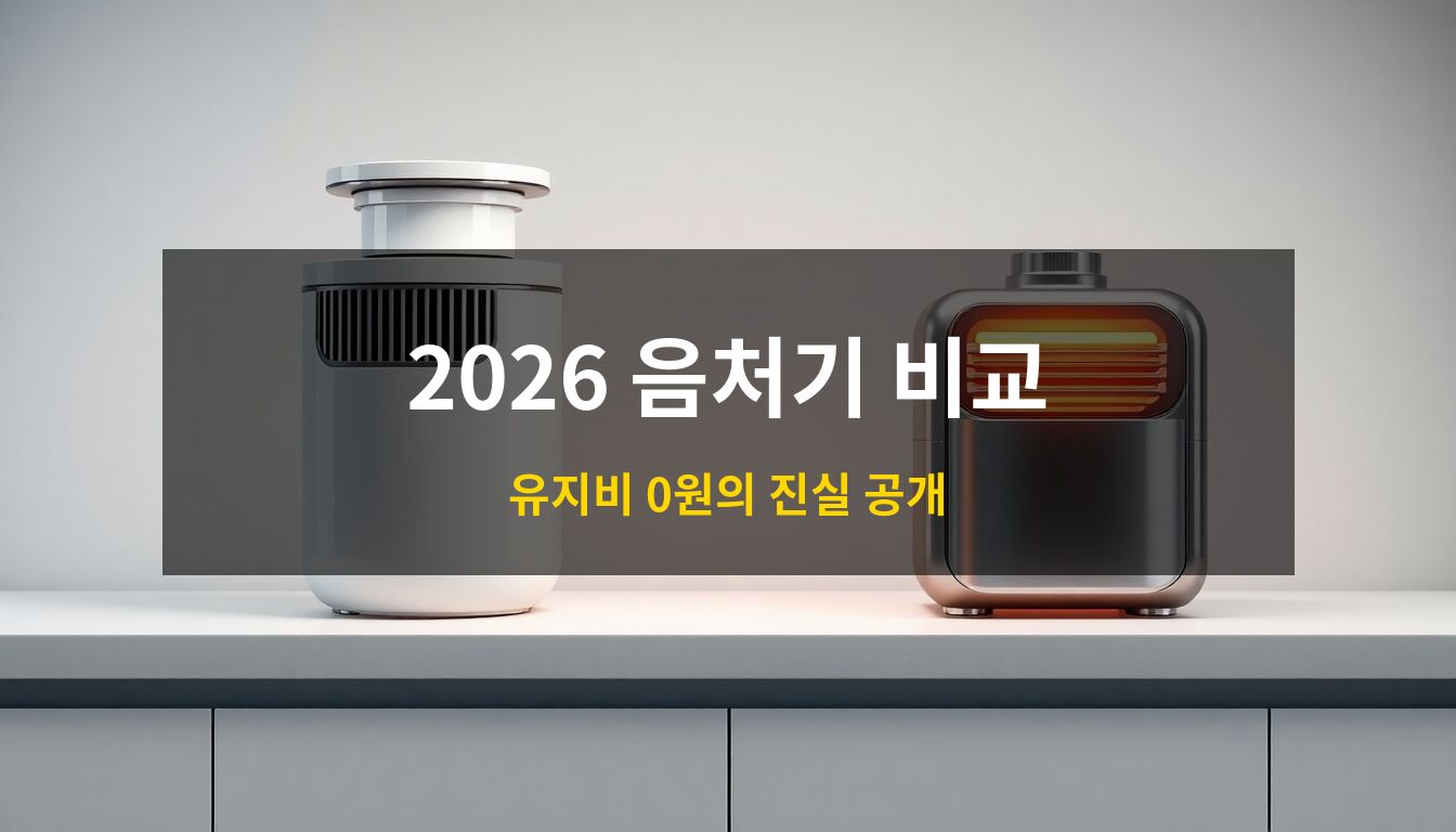2026음식물처리기비교: 세련된 주방 조리대 위에 놓인 최신형 미생물 발효 방식과 건조 분쇄 방식의 음식물 처리기가 나란히 배치된 고품질 3D 일러스트로, 기기 내부의 온기를 상징하는 오렌지빛 조명이 가미된 이미지