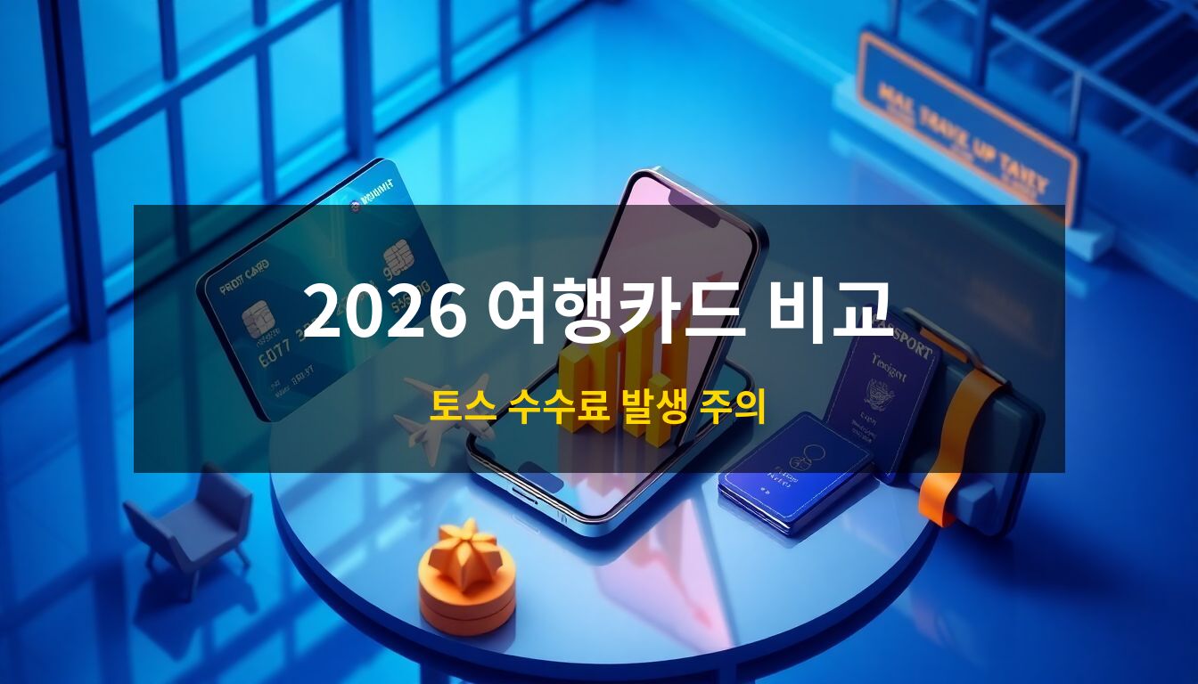 2026해외여행카드비교: 세련된 공항 라운지를 배경으로 트래블로그, 트래블월렛, 토스뱅크를 상징하는 세 개의 입체적인 카드와 환율 그래프가 표시된 스마트폰이 배치된 고품질 3D 일러스트 이미지