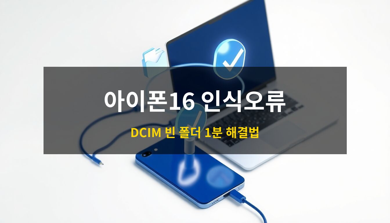 아이폰 16 컴퓨터 인식 오류: 최신형 아이폰과 노트북이 케이블로 연결된 상태에서 데이터 폴더와 보안 체크 아이콘이 공중에 떠 있는 모습을 통해 시스템 오류 해결 과정을 묘사한 전문적인 3D 아이소메트릭 이미지