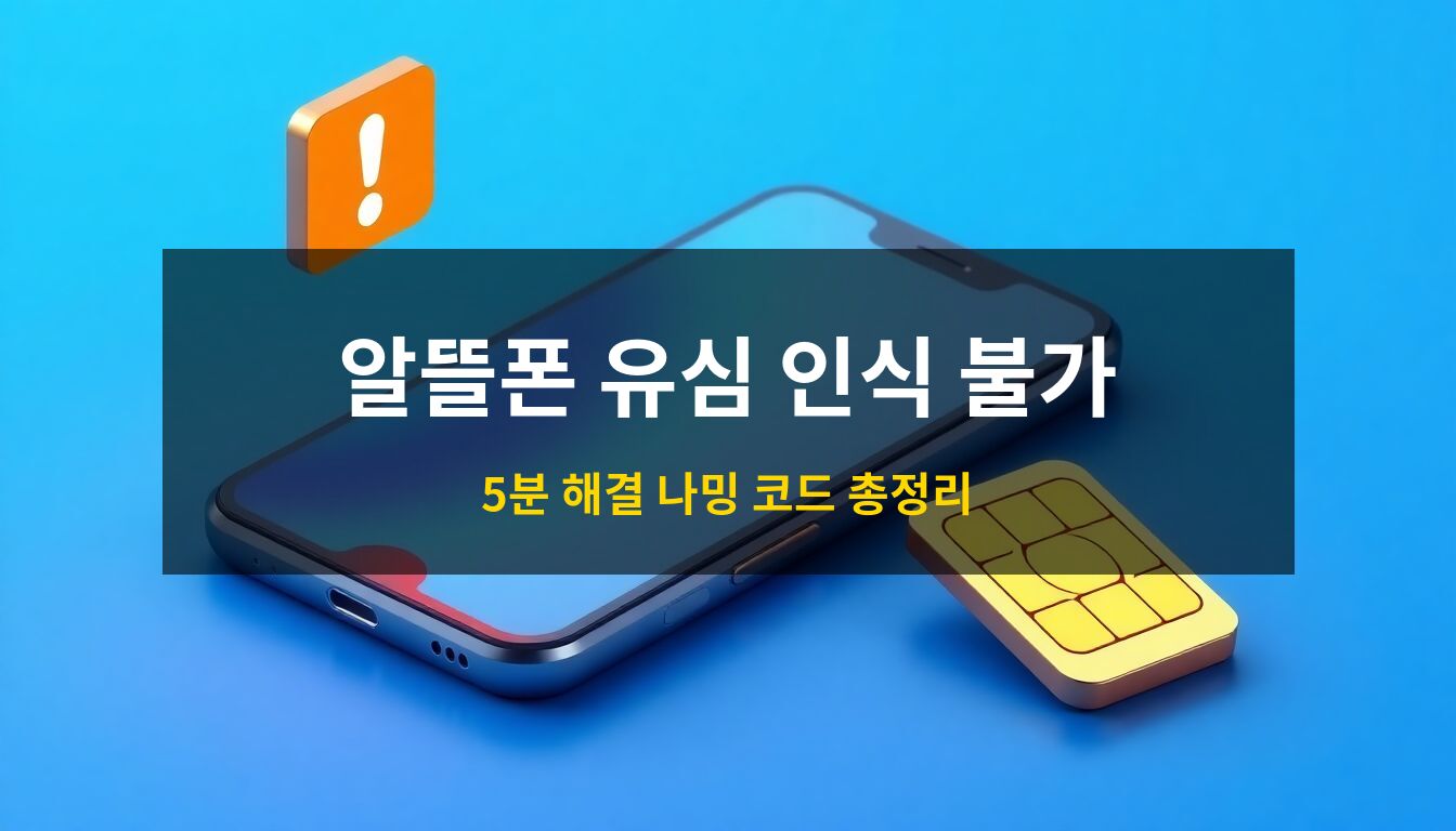 알뜰폰 유심 인식 불가: 금색 접점이 강조된 나노 유심 칩과 오류 아이콘이 표시된 최신 스마트폰이 공중에 떠 있는 3D 아이소메트릭 일러스트로, 통신 장애 해결을 상징하는 테크니컬한 이미지