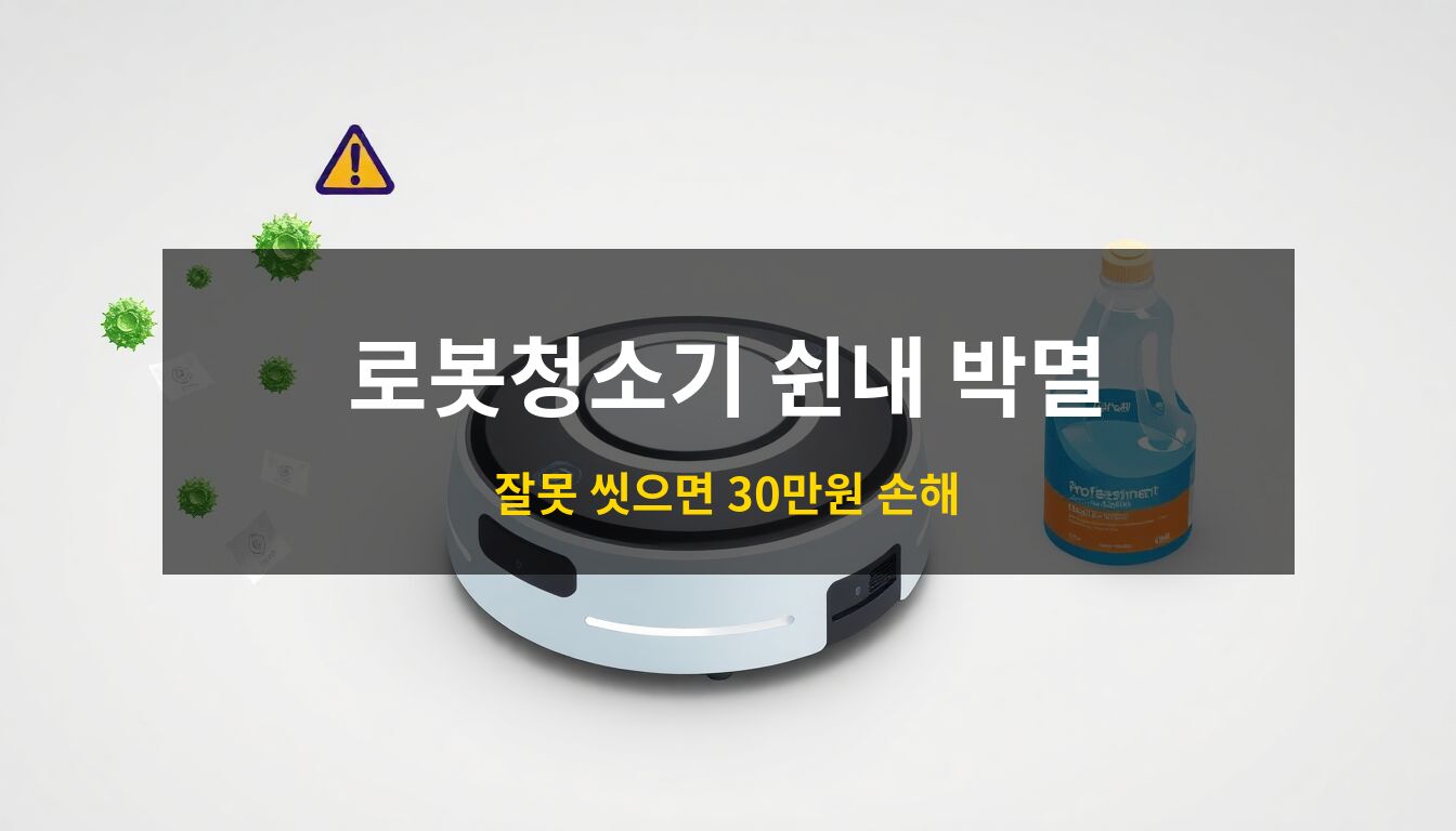 로봇청소기걸레쉰내: 최첨단 올인원 로봇청소기 주변으로 세균 아이콘과 지폐 오브젝트를 배치하여 물걸레 악취 문제와 수리비 부담을 시각적으로 구현한 3D 아이소메트릭 일러스트