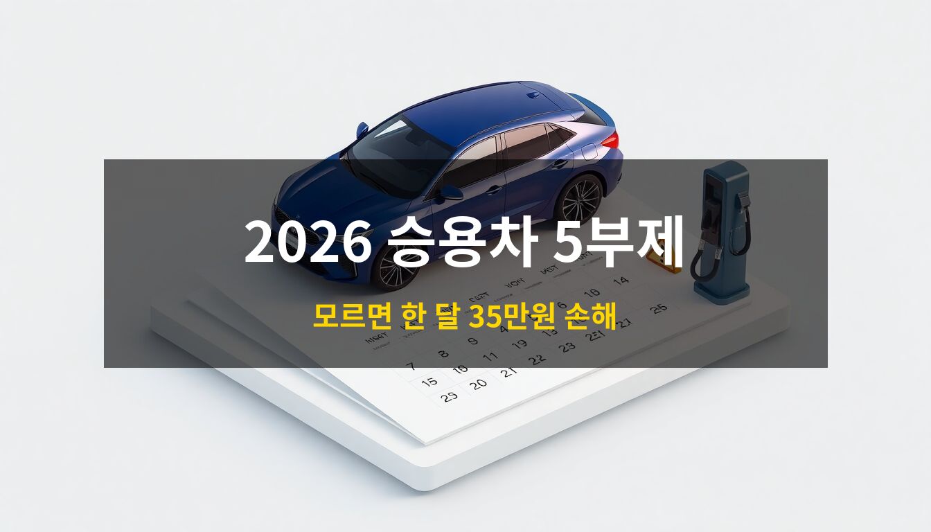 2026승용차5부제: 세련된 3D 아이소메트릭 스타일의 자동차와 달력 오브젝트를 중심으로, 고유가 시대를 상징하는 주유기 노즐과 단속 카메라 아이콘이 배치되어 정책 시행의 긴박함을 시각화한 이미지