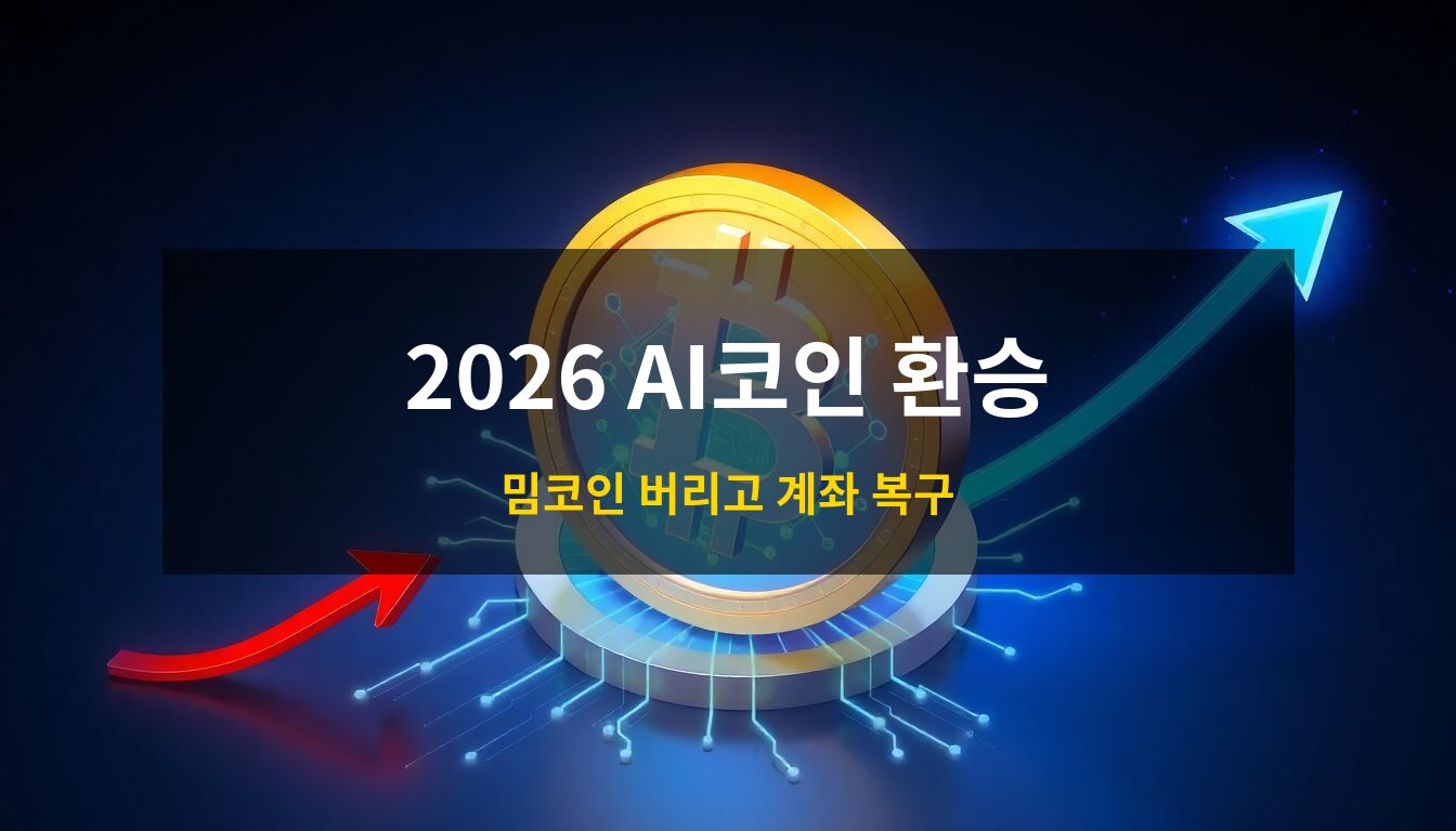 2026 AI코인 환승전략: 황금빛 코인과 파란색 AI 신경망이 결합된 상징적 오브젝트를 중심으로, 밈코인의 하락과 AI 섹터로의 자금 이동을 상승하는 푸른색 화살표로 묘사한 프리미엄 3D 입체 일러스트