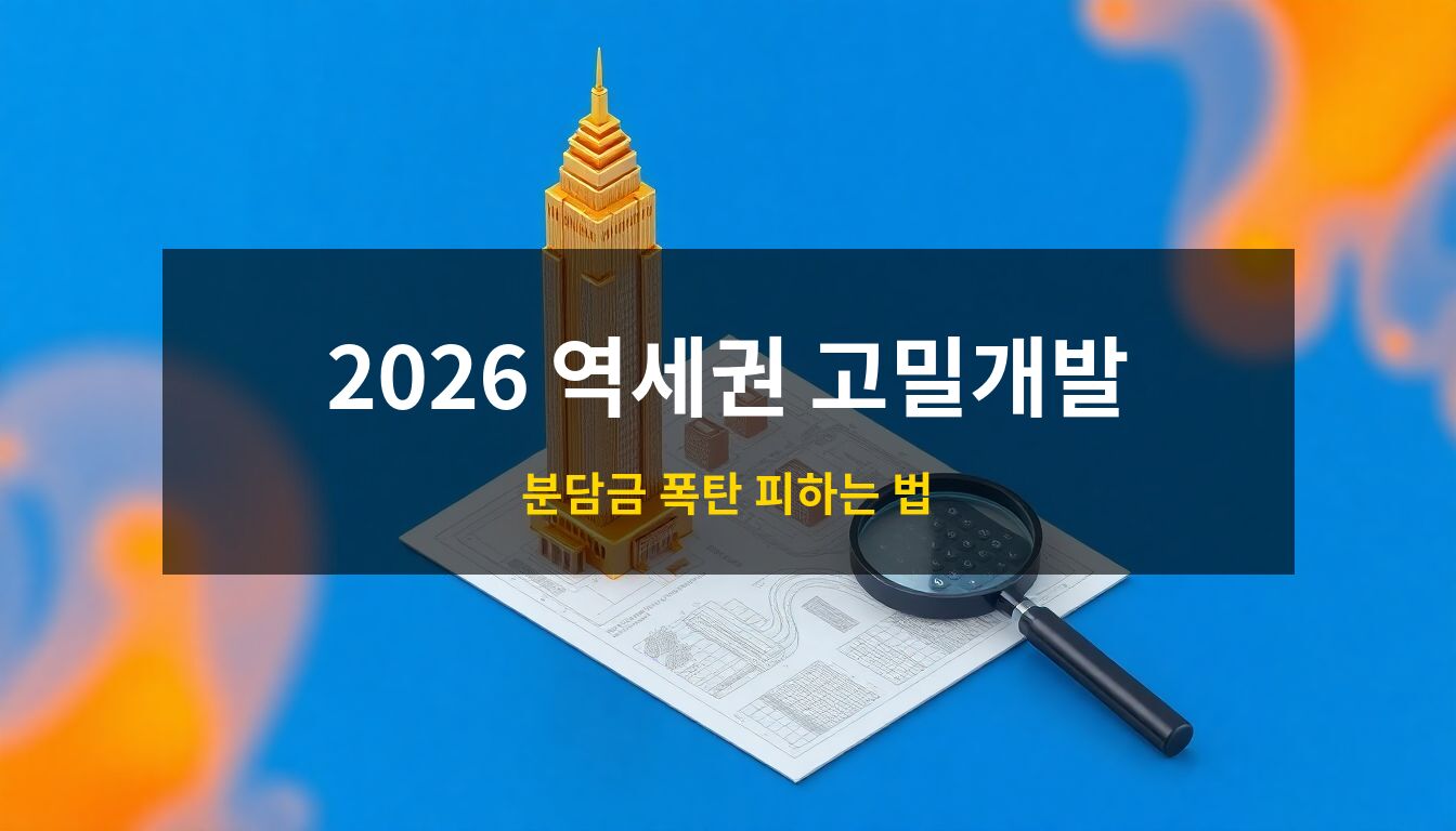 2026 역세권 고밀개발: 금빛 초고층 빌딩 모형과 설계도면, 그리고 계산기를 배치하여 용적률 혜택과 분담금 분석의 조화를 시각화한 프리미엄 3D 아이소메트릭 일러스트