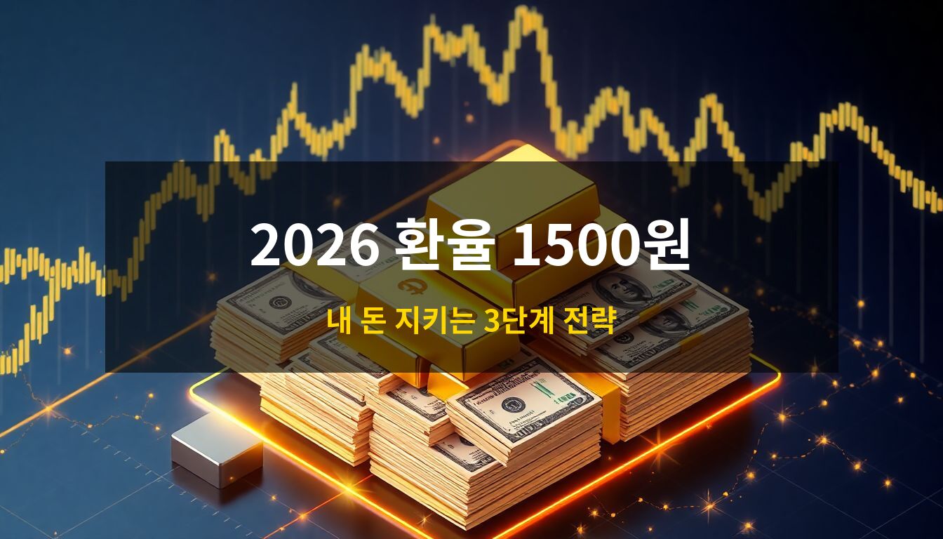 2026환율방어전략: 고환율 시대 자산 보호를 상징하는 금괴와 달러 뭉치, 그리고 변동성 있는 금융 그래프가 어우러진 고급스러운 3D 아이소메트릭 일러스트