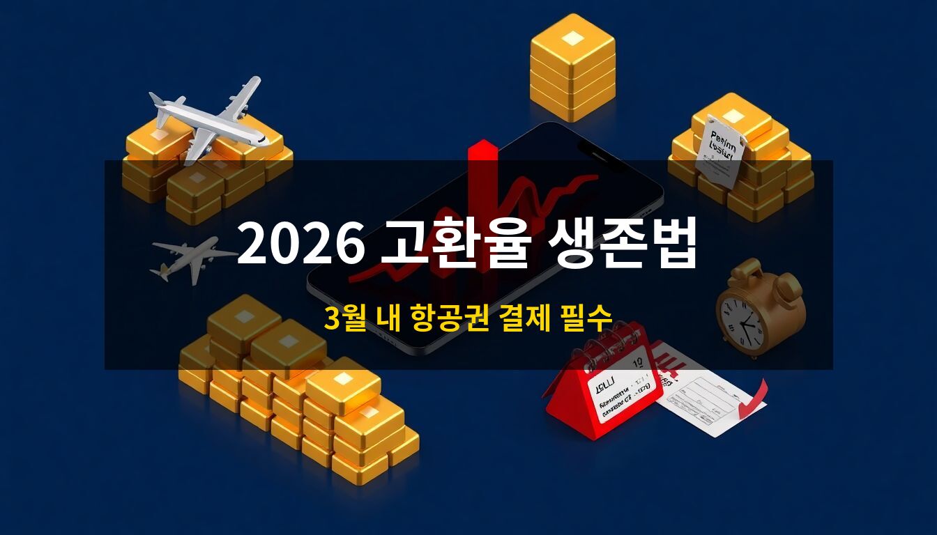 2026고환율재테크: 급등하는 환율 그래프가 표시된 스마트폰을 중심으로 황금빛 금괴와 비행기 티켓, 달력이 배치되어 자산 관리의 시급성을 강조한 3D 아이소메트릭 컨셉 이미지