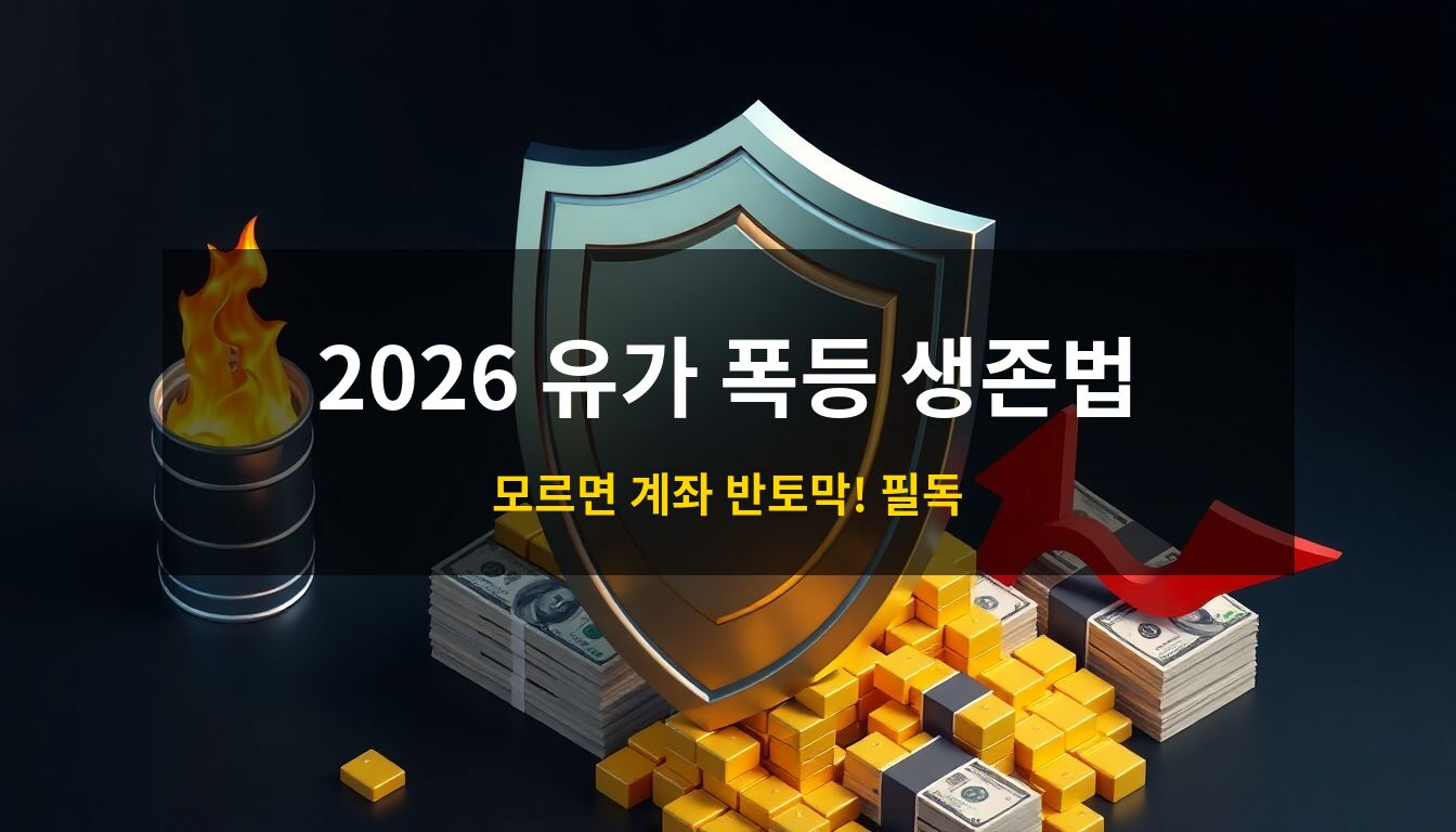 2026유가폭등대응전략: 유가 급등과 경제 위기를 상징하는 불타는 유류통 및 하락 차트를 배경으로, 자산을 안전하게 보호하는 강철 방패와 금괴, 달러 뭉치를 묘사한 고급 3D 아이소메트릭 일러스트