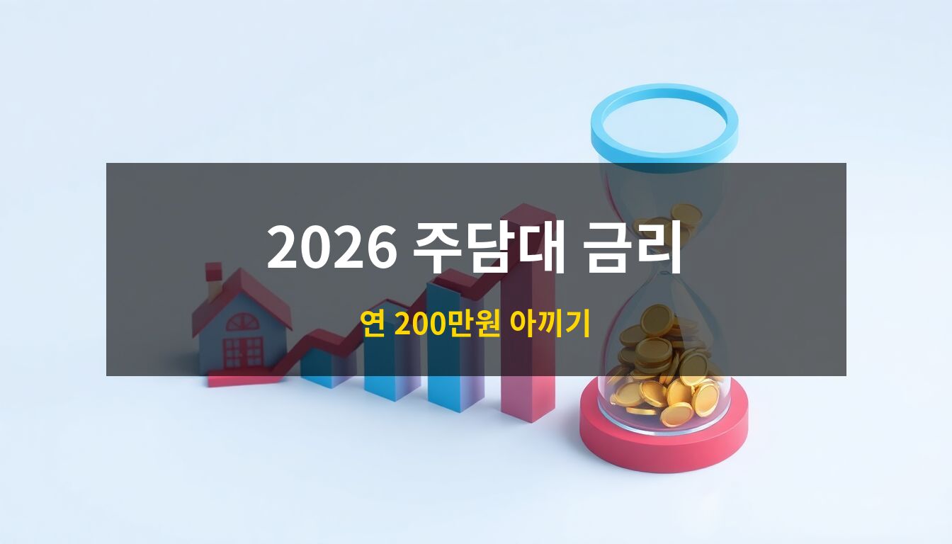 2026 주택담보대출금리: 상승하는 경제 그래프와 현대적인 주택 모형, 그리고 돈이 쌓이는 모래시계를 통해 금리 인상 시기의 대환 대출 전략을 상징적으로 표현한 3D 일러스트