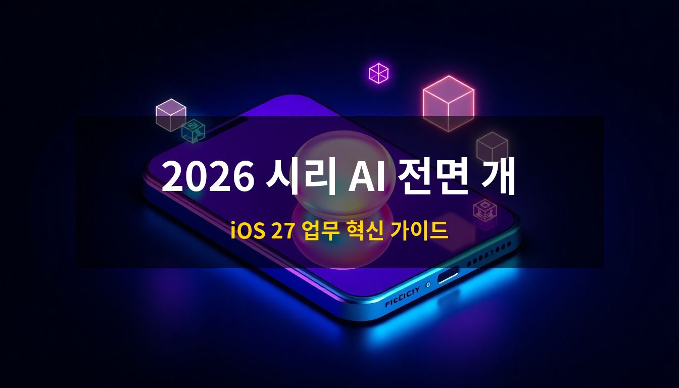 2026 아이폰 시리 인공지능 개방: 빛나는 구체 형태의 시리 엔진과 다양한 AI 시스템이 유기적으로 결합된 미래형 아이폰의 고해상도 3D 아이소메트릭 일러스트