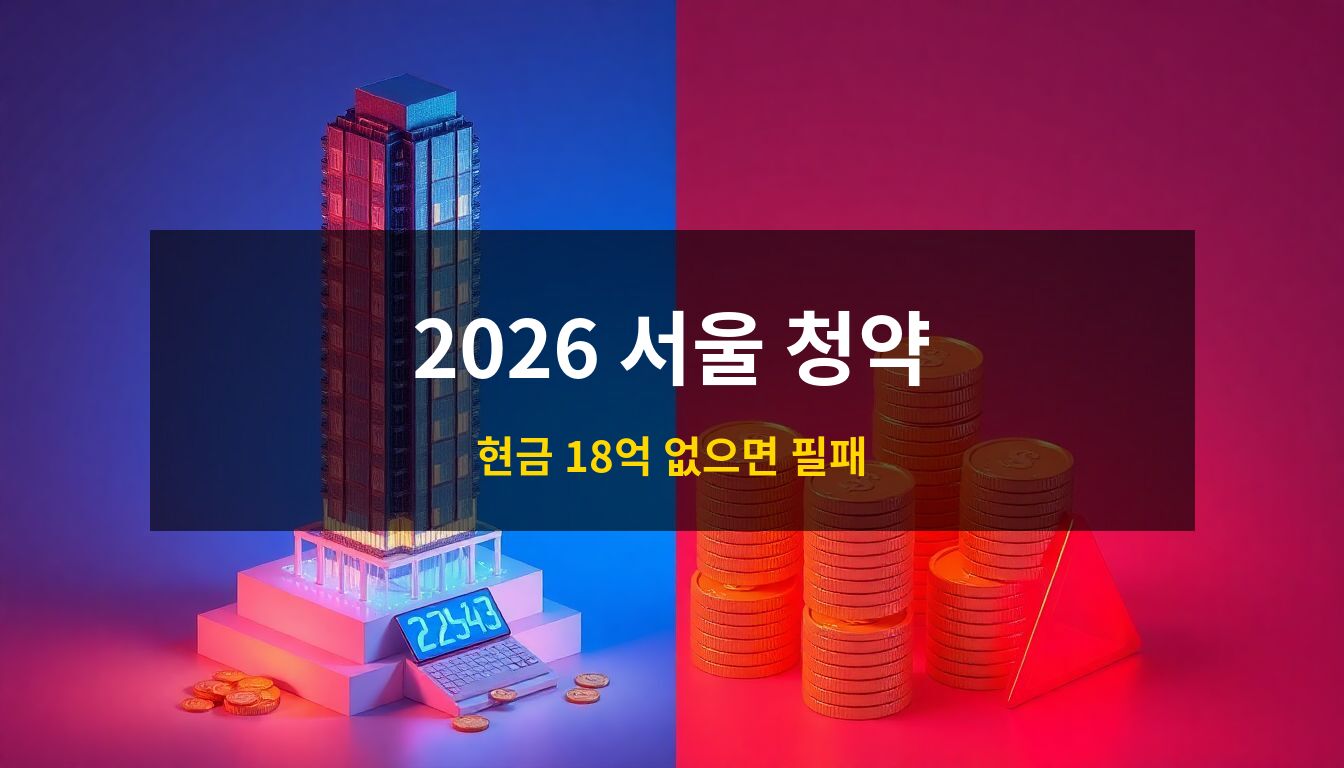 2026 서울 아파트 청약: 세련된 고층 신축 아파트 모형과 그 옆에 배치된 대형 계산기 및 황금 동전 더미를 통해 당첨 이면의 철저한 자금 계획 필요성을 형상화한 3D 아이소메트릭 일러스트