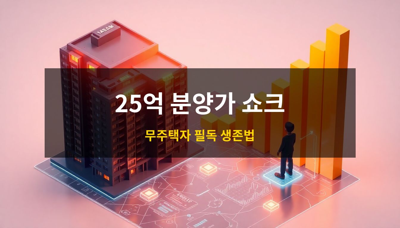 2026년 무주택자 자산 전략: 치솟는 부동산 가격을 상징하는 거대한 아파트 오브젝트와 급격히 상승하는 황금빛 그래프, 그리고 데이터 지도를 분석하는 인물의 모습을 담은 3D 아이소메트릭 일러스트