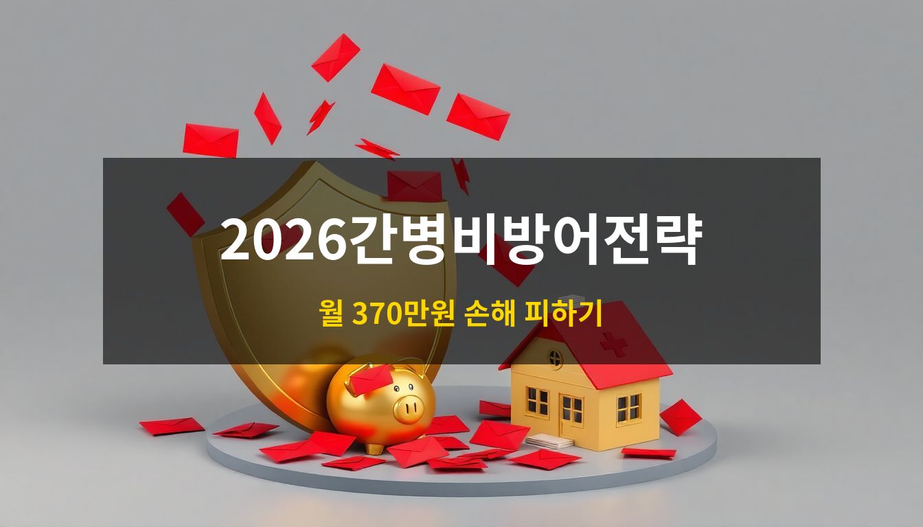 2026간병비방어전략: 거대한 파란색 방패가 금고와 집을 보호하고 있으며, 그 위로 붉은색 청구서들이 쏟아지는 모습을 통해 경제적 대비의 중요성을 강조한 3D 아이소메트릭 일러스트