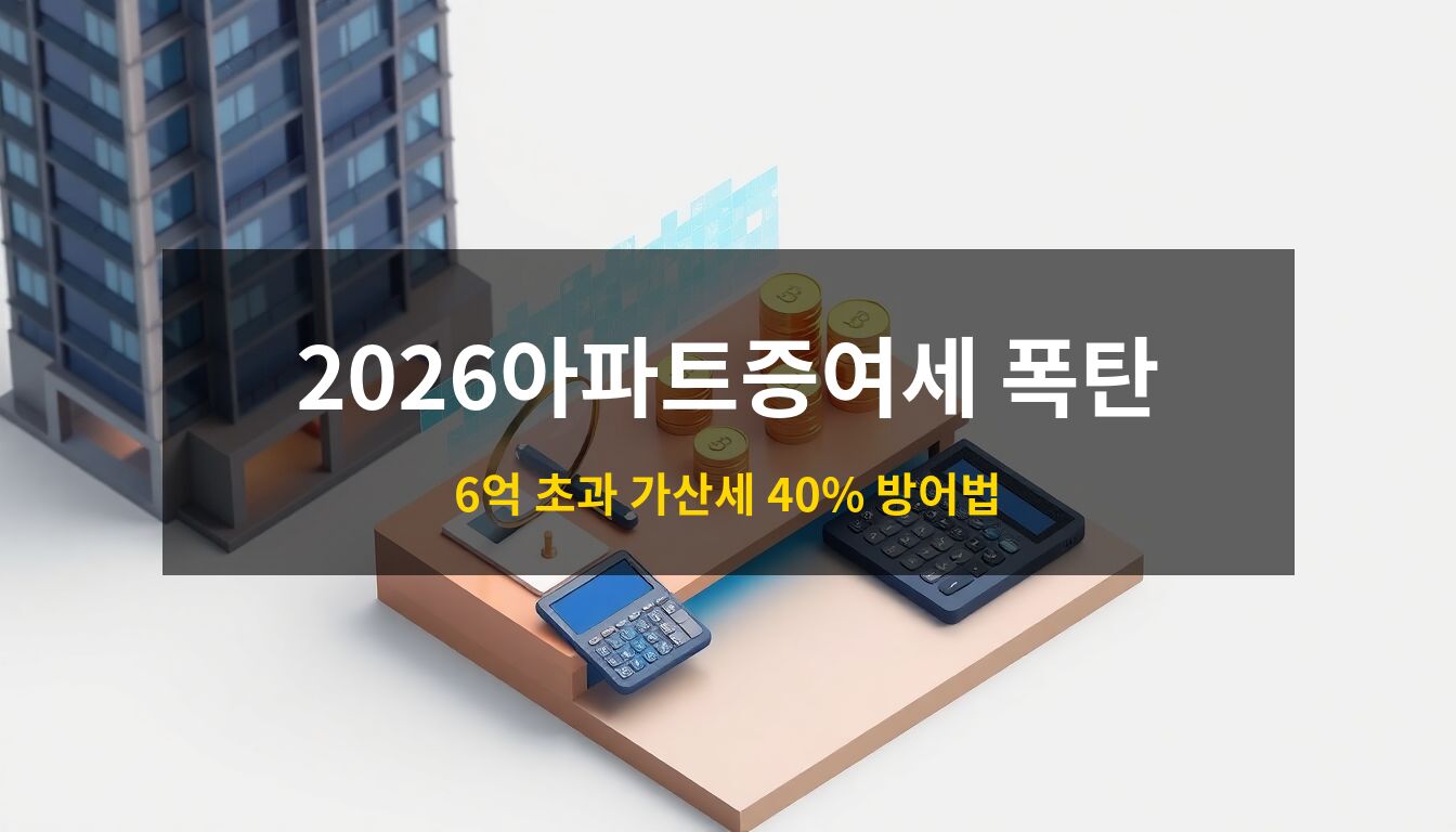 2026아파트증여세: 정밀한 감정평가와 국세청의 전수조사를 상징하는 돋보기, 계산기, 그리고 세련된 3D 고층 아파트 단지 오브제가 배치된 자산 관리 및 세무 조사 컨셉 이미지