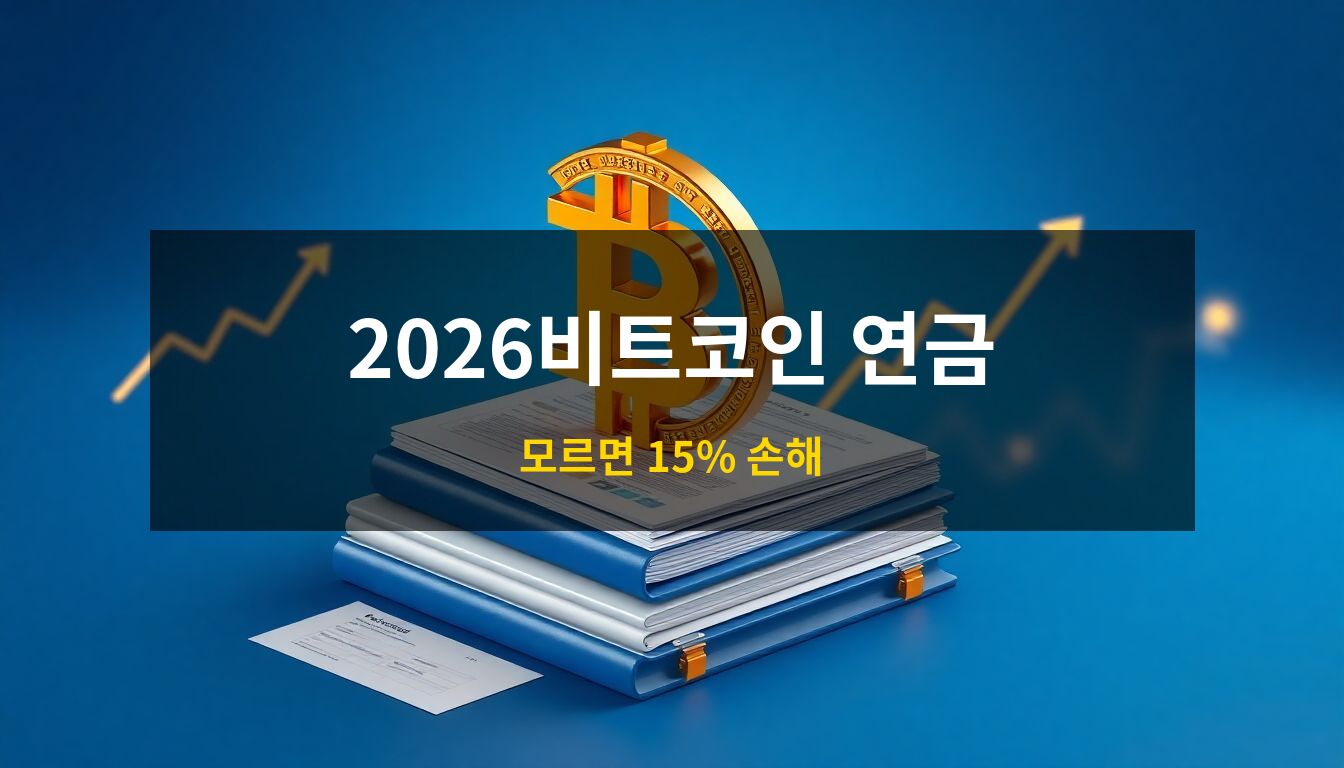 2026비트코인퇴직연금: 황금빛 비트코인 심볼과 퇴직연금 서류 뭉치가 결합된 사물 위로 우상향하는 금융 성장 그래프가 펼쳐진 미래 금융 투자 컨셉 이미지